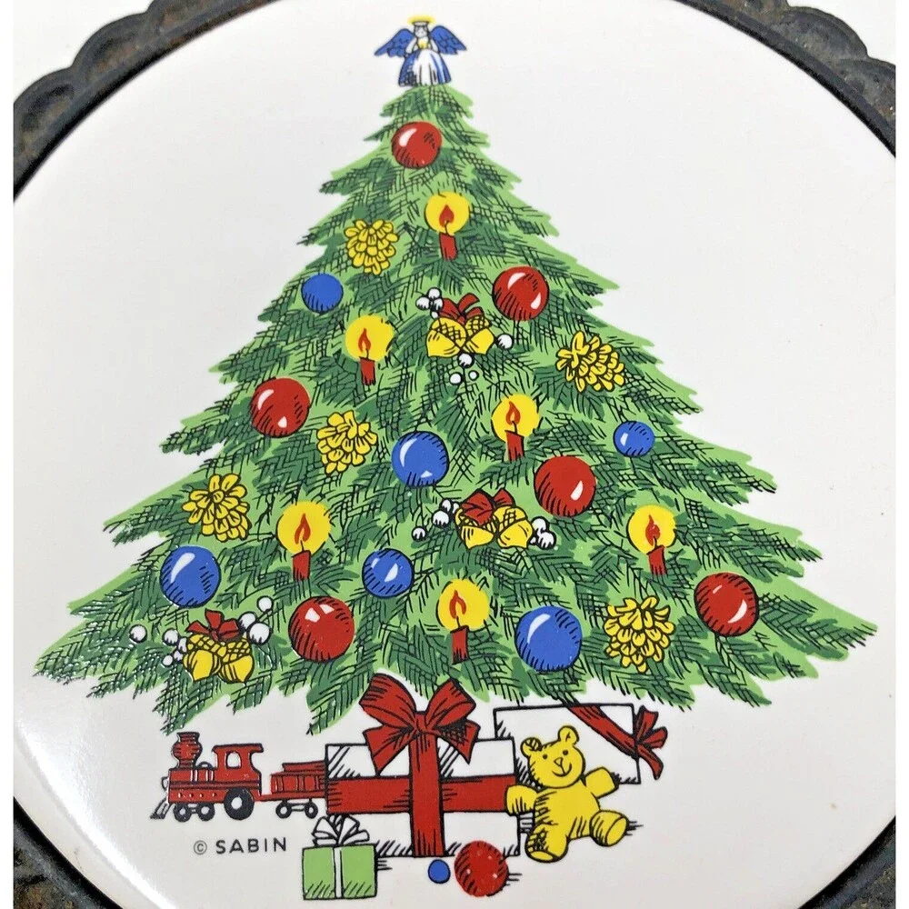 Vintage Cast Iron Trivet 1984 Christmas Tree Ceramic Tile Carlton Mid State USA